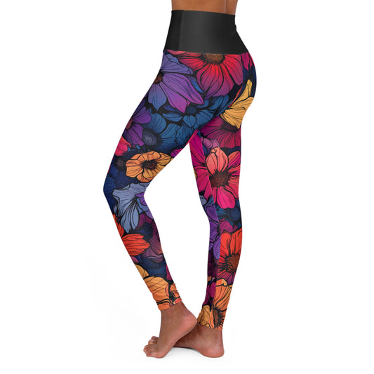 Tropical flowers High Waisted Yoga Leggings (Black Waist)