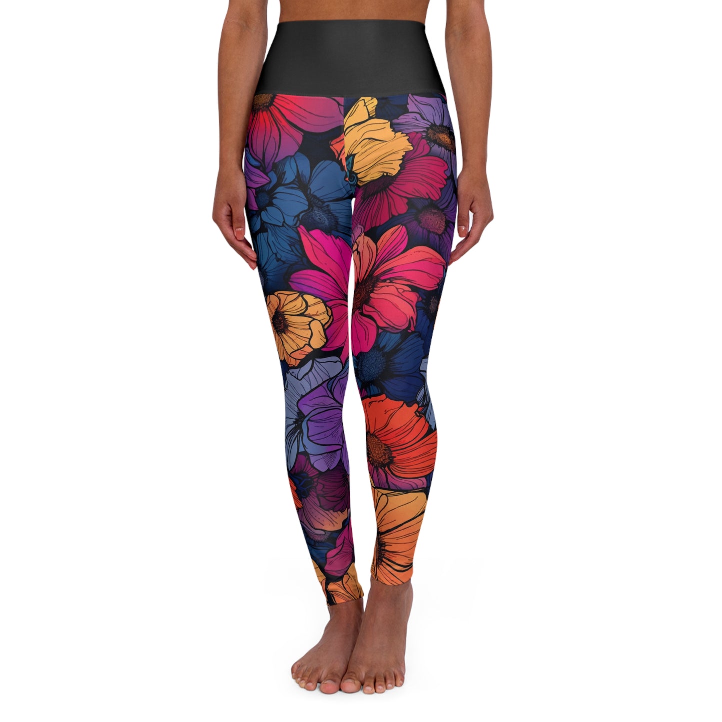 Tropical flowers High Waisted Yoga Leggings (Black Waist)