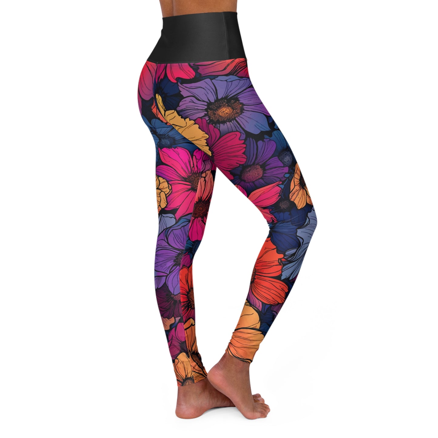 Tropical flowers High Waisted Yoga Leggings (Black Waist)