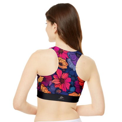 Tropical Flowers / High Neck Crop Bikini Top (Black) (AOP)