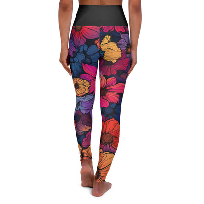 Tropical flowers High Waisted Yoga Leggings (Black Waist)