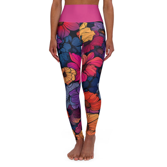 Tropical flowers High Waisted Yoga Leggings (Magenta Waist) (AOP)